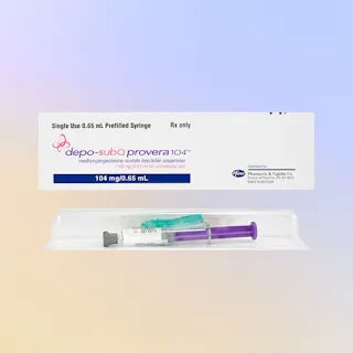 A prefilled Depo-SubQ Provera 104 syringe (medroxyprogesterone acetate injectable suspension) with packaging, labeled for single use and containing 104 mg/0.65 mL.