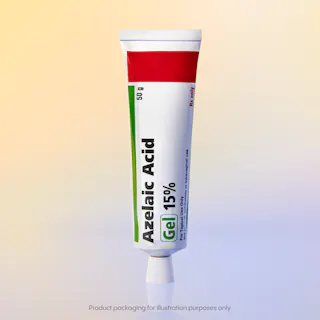 Tube of Azelaic Acid Gel 15% against a gradient background.