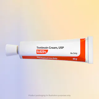 A tube of Tretinoin Cream USP 0.025%, labeled for topical use only, Rx only, 45g, is displayed against a stylish gradient background.