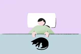 Illustration of a person with short hair leaning over a table with a curled-up black cat on it, set against a purple background.