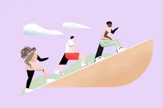 Three abstract figures climbing a slope with cloudy skies in the background on a purple backdrop.