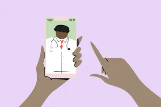 Illustration of a person holding a smartphone, displaying a doctor in a white coat and red tie on the screen.