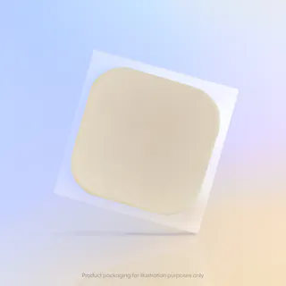 A square-shaped beige adhesive patch on a gradient blue and beige background, subtly hinting at the potential power of Tretinoin Cream. Text at the bottom reads 