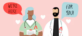 Illustration of two healthcare professionals with stethoscopes, one in green scrubs holding a clipboard, and one in a white coat. Speech bubbles say 