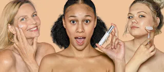 Three women demonstrating skincare routines: one applying cream, another holding a serum bottle, and the third using a facial roller, all against a peach background.