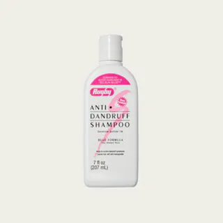 A white bottle of Rugby Anti-Dandruff Shampoo with a pink label. Contains 7 fl oz (207 mL).