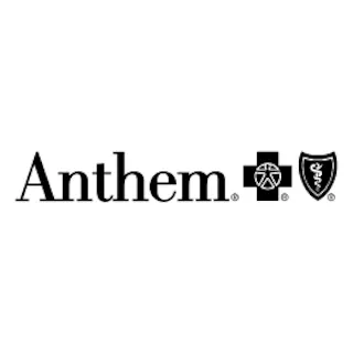 Anthem logo with black text. To the right are a cross symbol and a shield symbol, both outlined in black.