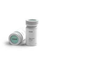 Two white bottles of Cove Migraine Relief, one upright and one lying down, on a white surface.