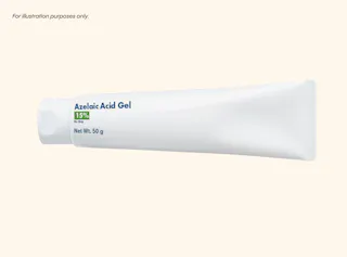 A white tube of Azelaic Acid Gel with 15% concentration and net weight of 50g on a light beige background.