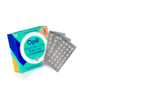 Image of Opill, a daily oral contraceptive. The package is open with three blister packs containing pills alongside it.