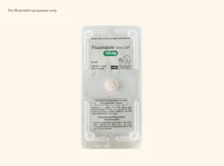 A blister pack containing one tablet of Fluconazole 150 mg for UTI treatment, with instructions and branding clearly visible.