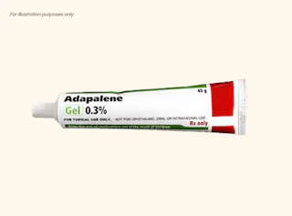 Tube of Adapalene Gel 0.3%, 45g, with red and white packaging for topical use only.