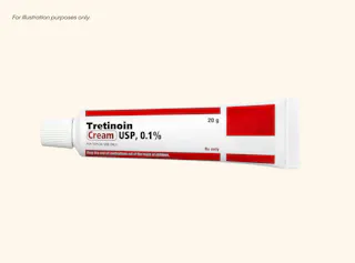 Tube of Tretinoin Cream USP, 0.1%, 20 g with red and white labeling on a light background. Text reads 