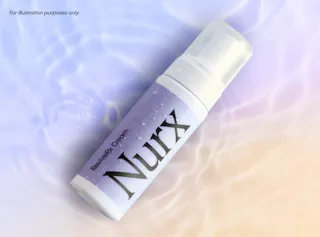 A bottle of Nurx Revive+ Cream on a gradient background with text 