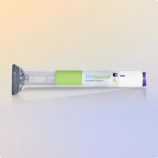 A Zepbound (tirzepatide) injection pen is shown lying on a reflective surface with a gradient background.