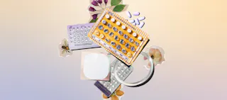 A variety of birth control methods including pills, a patch, a ring, and pill packs arranged on a pastel background with floral accents.